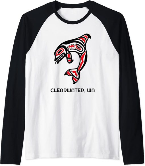 Clearwater, Washington Native American Orca Killer Whales Raglan Baseball Tee