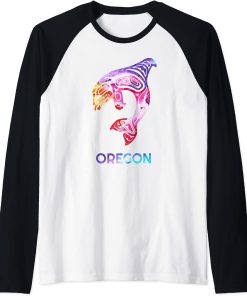 Colorful Oregon PNW Native American Indian Orca Killer Whale Raglan Baseball Tee