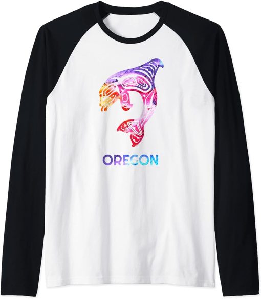 Colorful Oregon PNW Native American Indian Orca Killer Whale Raglan Baseball Tee