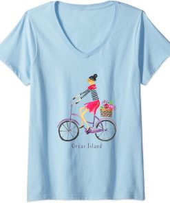 Womens Orcas Island Cute Woman"s Biking Bicycle Floral Cycling V-Neck T-Shirt