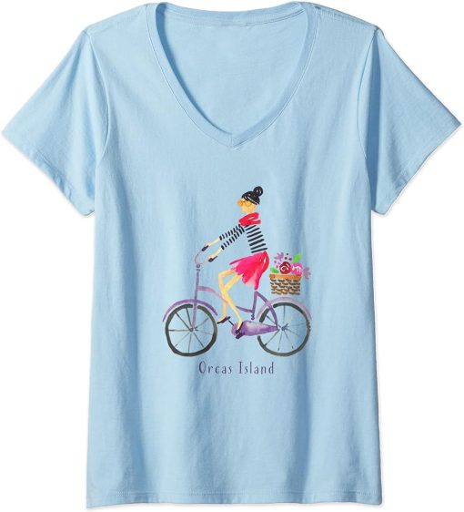 Womens Orcas Island Cute Woman"s Biking Bicycle Floral Cycling V-Neck T-Shirt