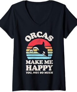 Womens Orcas Make Me Happy Funny Orca Killer Whale Retro Vintage V-Neck T-Shirt