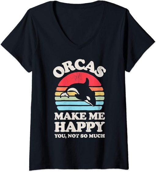 Womens Orcas Make Me Happy Funny Orca Killer Whale Retro Vintage V-Neck T-Shirt