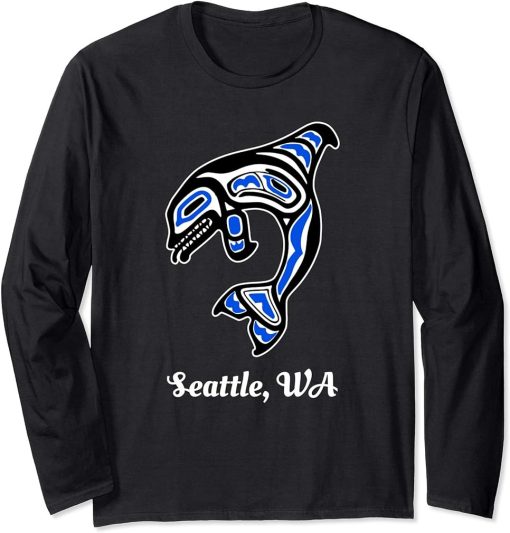 Blue Native American Seattle WA Tribal Orca Killer Whale Long Sleeve T-Shirt