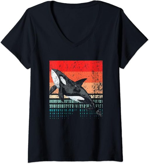 Womens Killer Whale Orca Dolphin Family Marine Mammal Save Ocean V-Neck T-Shirt